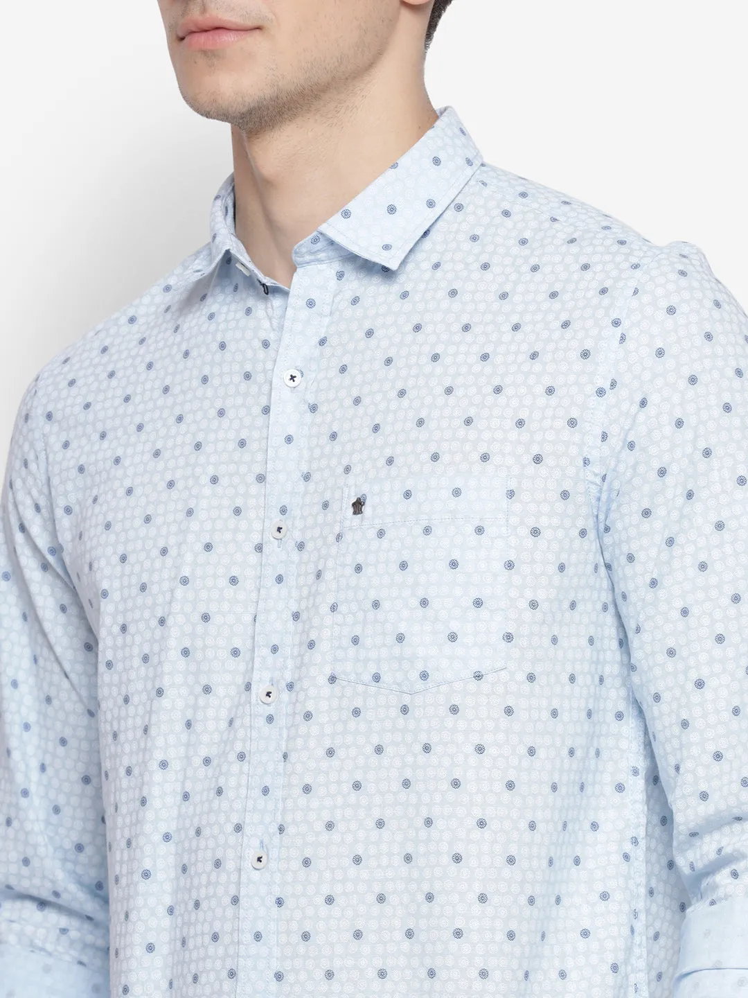 Printed Sky Blue Slim Fit Causal Shirt