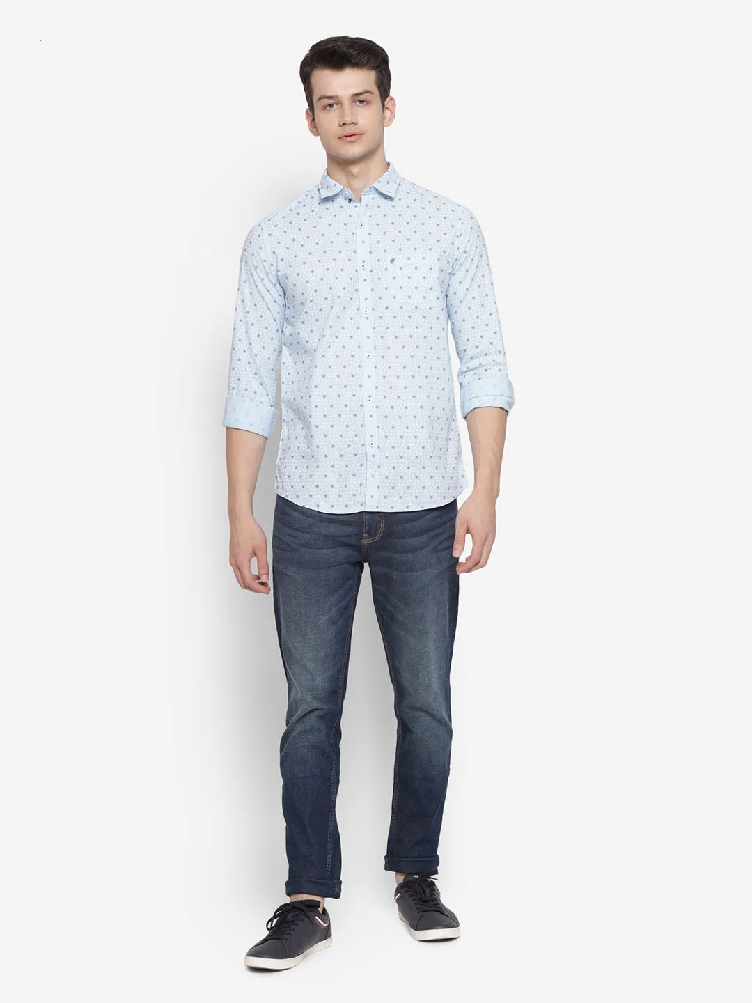 Printed Sky Blue Slim Fit Causal Shirt