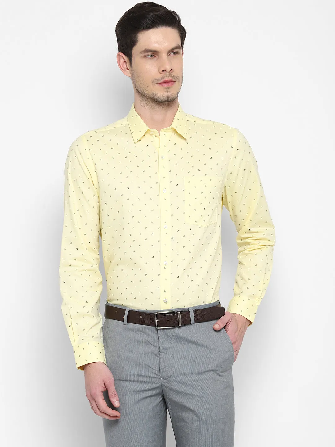 Printed Yellow Slim Fit Formal Shirt