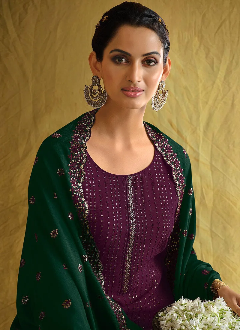 Purple And Green Embroidered Palazzo Suit