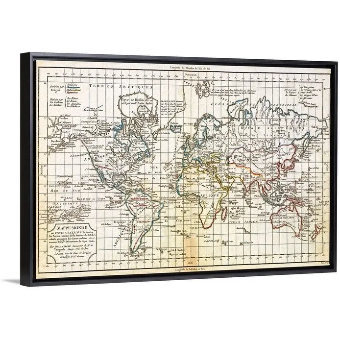 "Antique map of the world" Black Float Frame Canvas Art