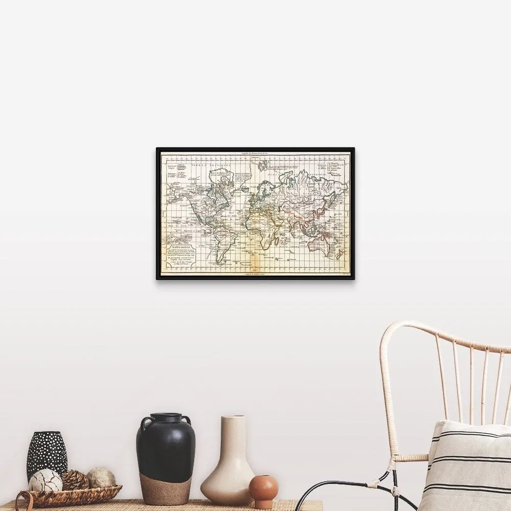 "Antique map of the world" Black Float Frame Canvas Art