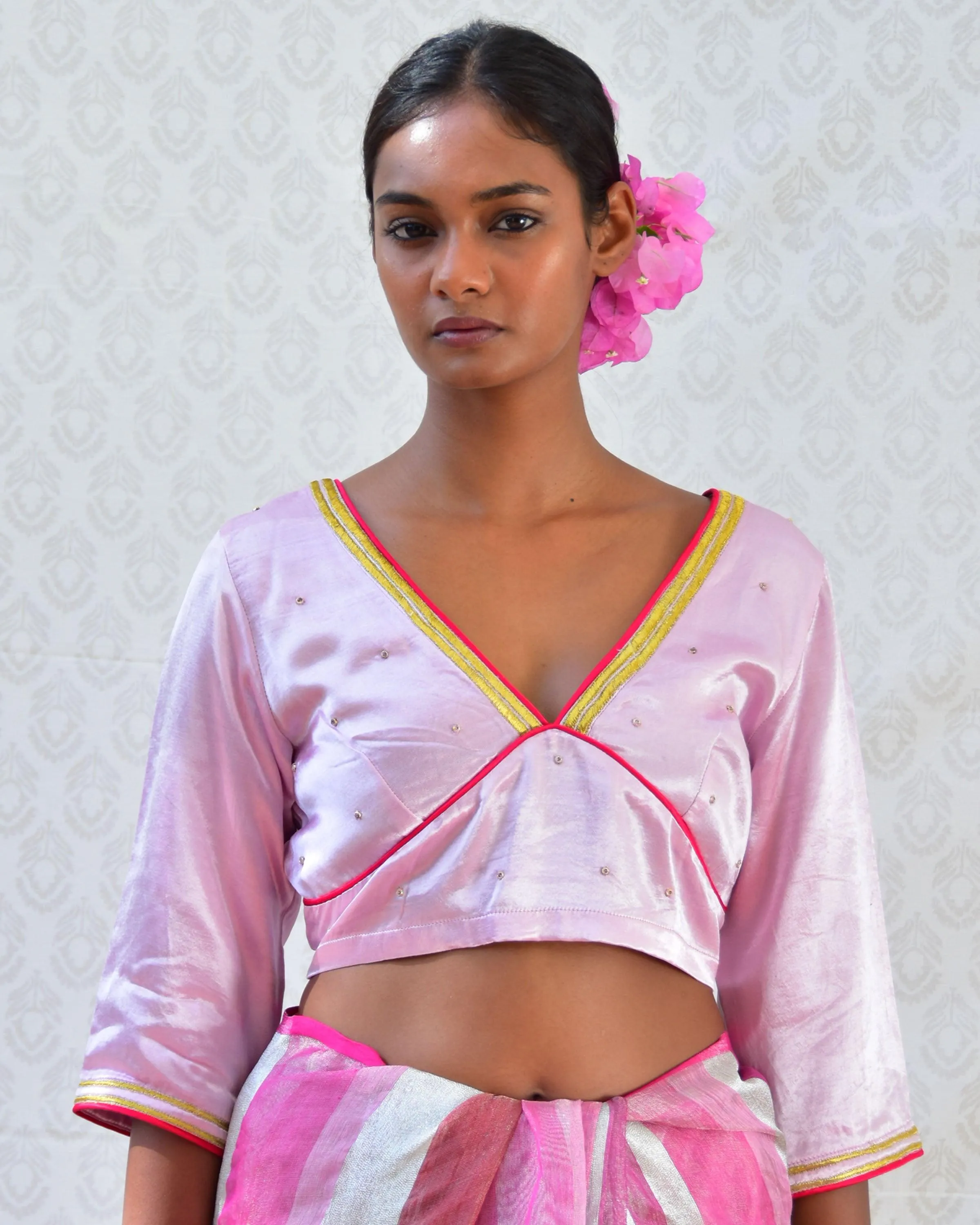 Regal Pink Hand Embroidered Mashru Silk Blouse - Bgvl