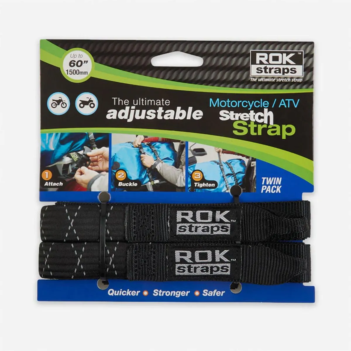 Rok Luggage Straps Adjustable Stretch Black ROK350 450 - 1500 x 25mm x Twin Pack