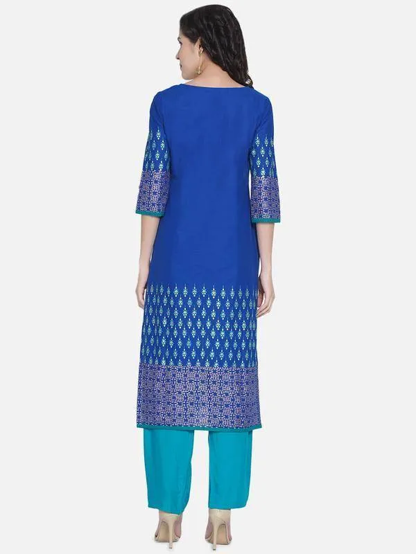 Royal Blue Printed Straight Cut Printed Kurta