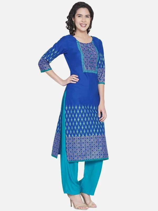 Royal Blue Printed Straight Cut Printed Kurta