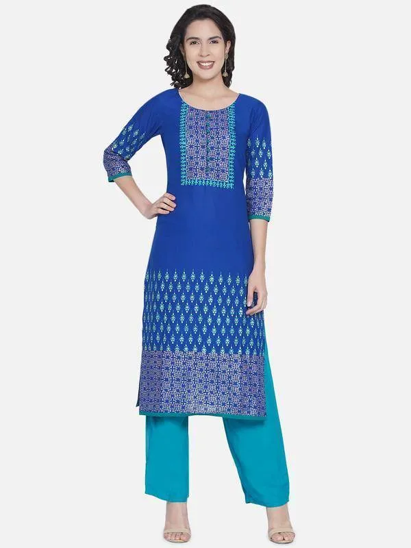 Royal Blue Printed Straight Cut Printed Kurta