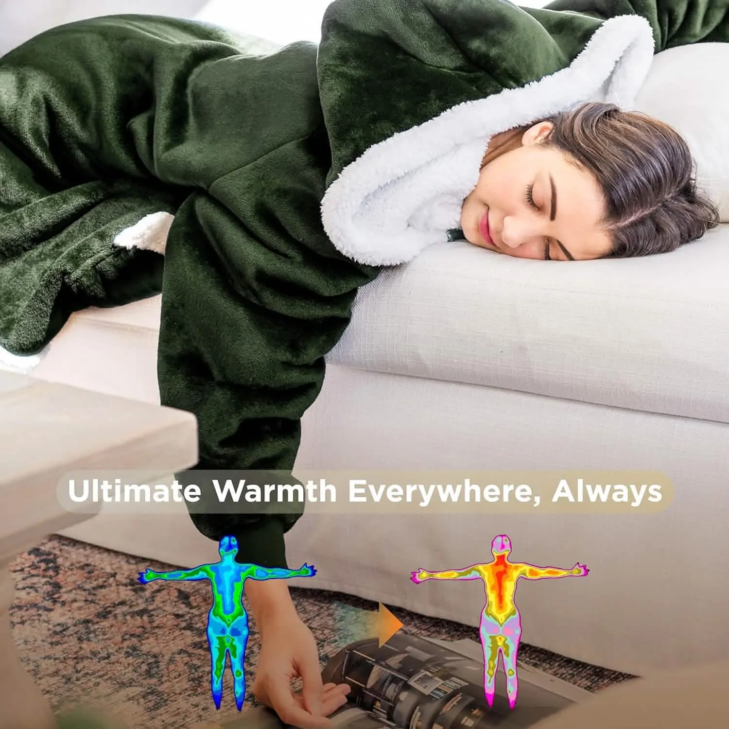 Sherpa Fleece Solid Short Wearable Blanket Hoodie