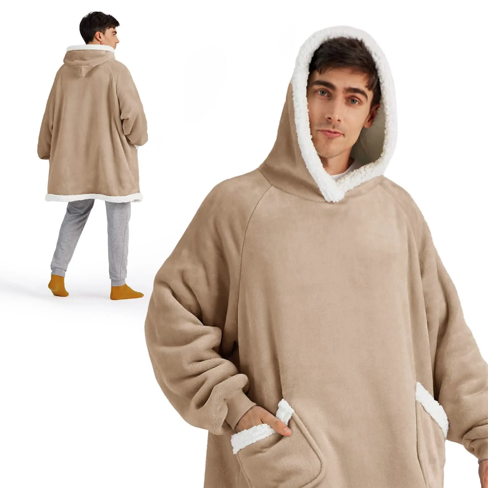 Sherpa Fleece Solid Short Wearable Blanket Hoodie