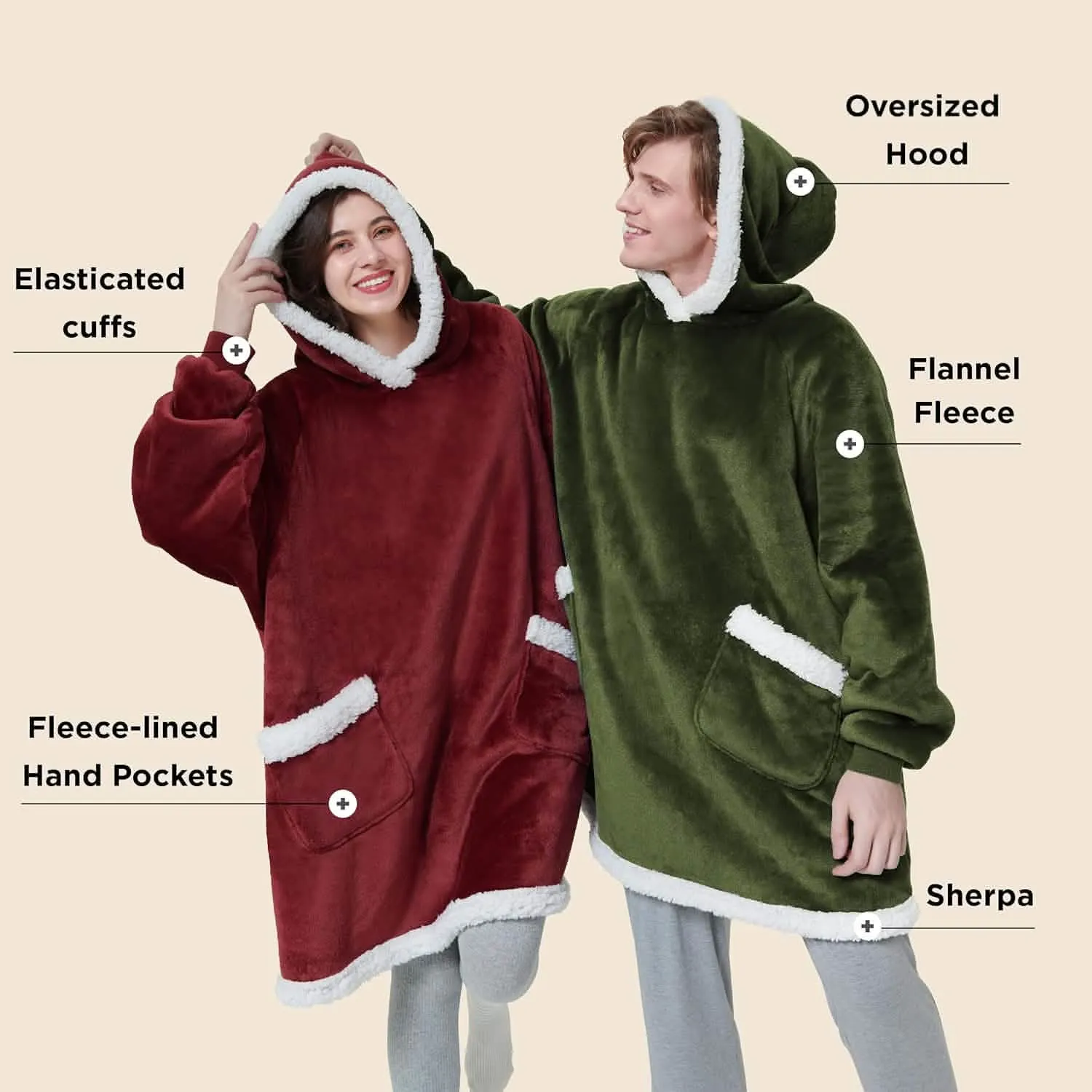 Sherpa Fleece Solid Short Wearable Blanket Hoodie