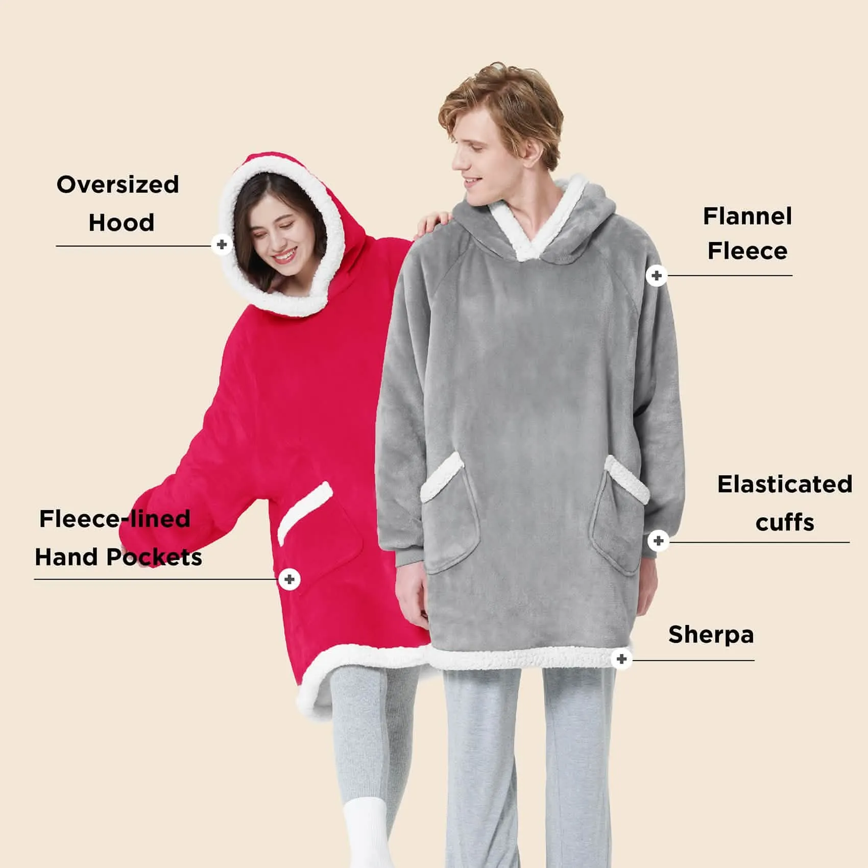 Sherpa Fleece Solid Short Wearable Blanket Hoodie