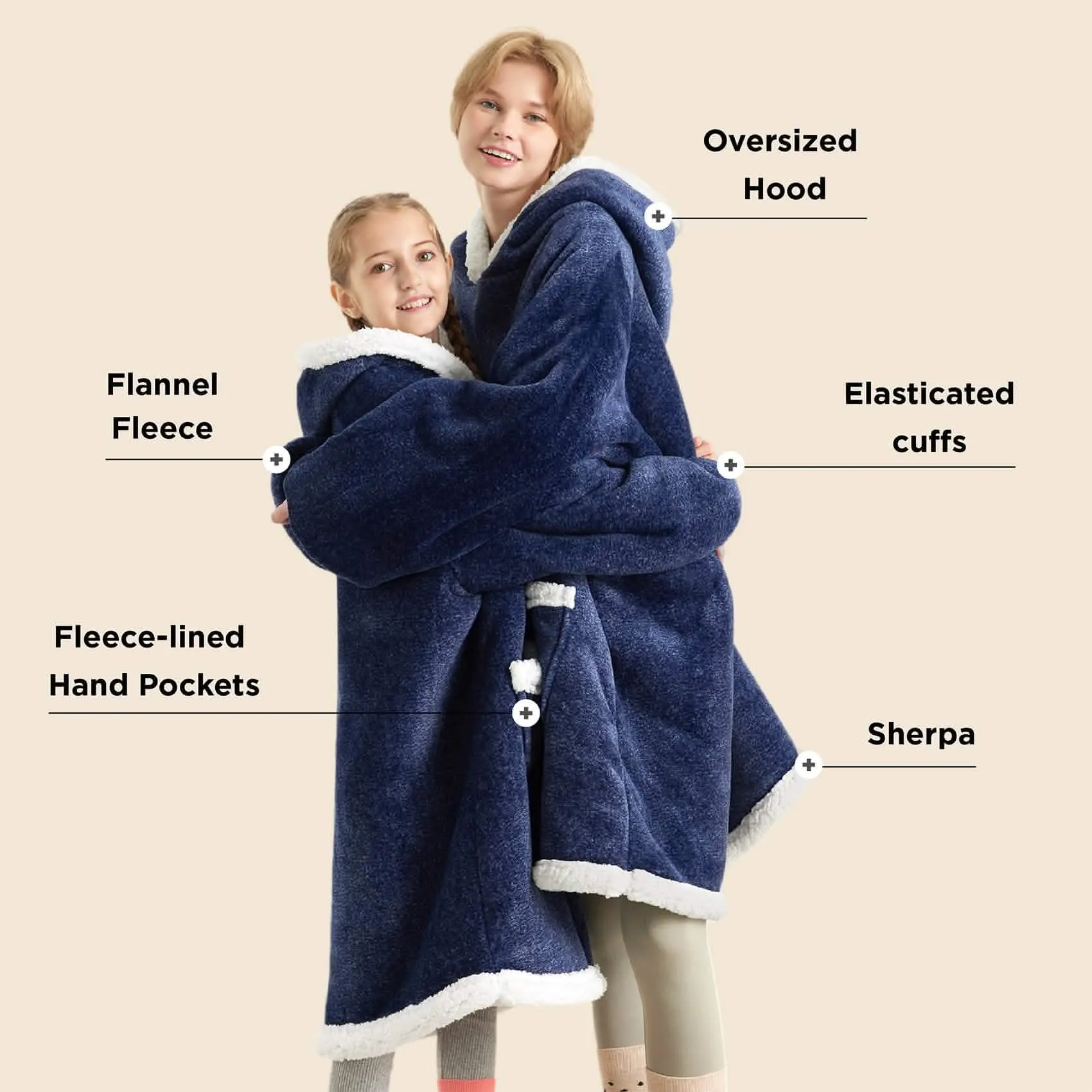 Sherpa Fleece Solid Short Wearable Blanket Hoodie