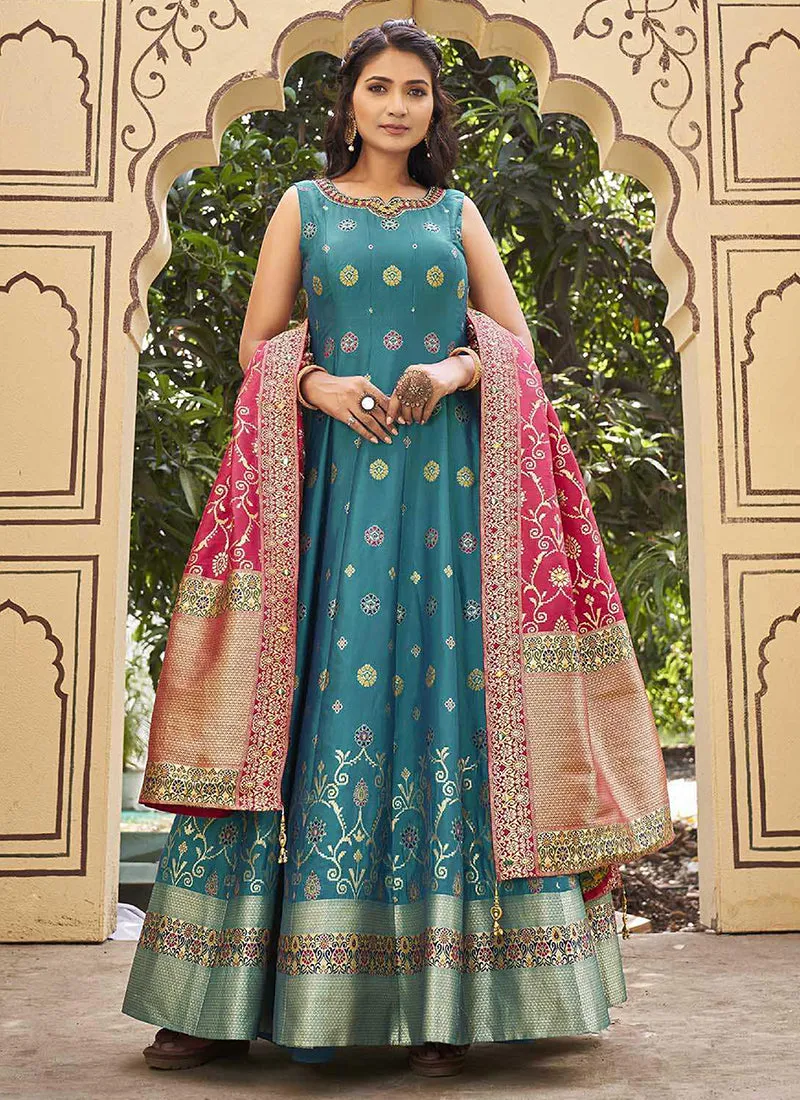 Sky Blue Mirror Work Embroidery Silk Anarkali Suit