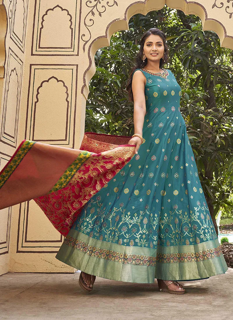 Sky Blue Mirror Work Embroidery Silk Anarkali Suit