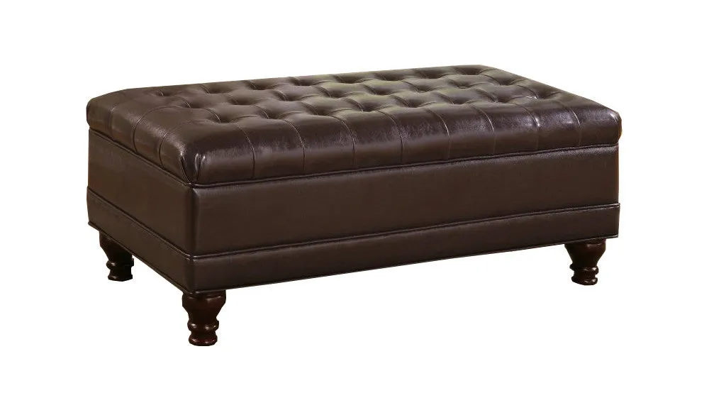 Storage Ottoman with Tufted Accents in Dark Brown Leather Like