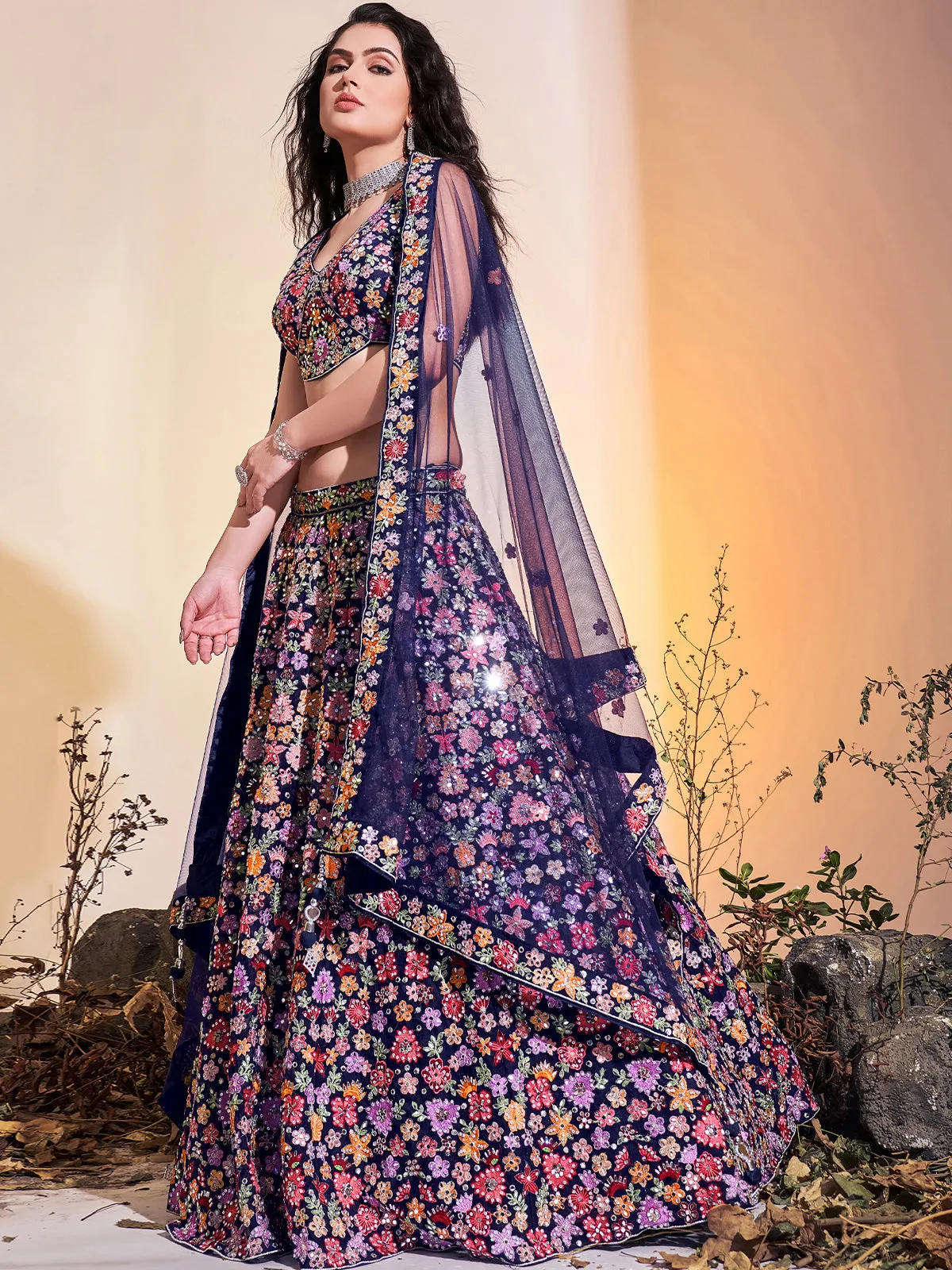 Stunning Navy-Blue Soft Net Thread Work Stitched Lehenga Choli Set