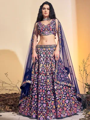 Stunning Navy-Blue Soft Net Thread Work Stitched Lehenga Choli Set