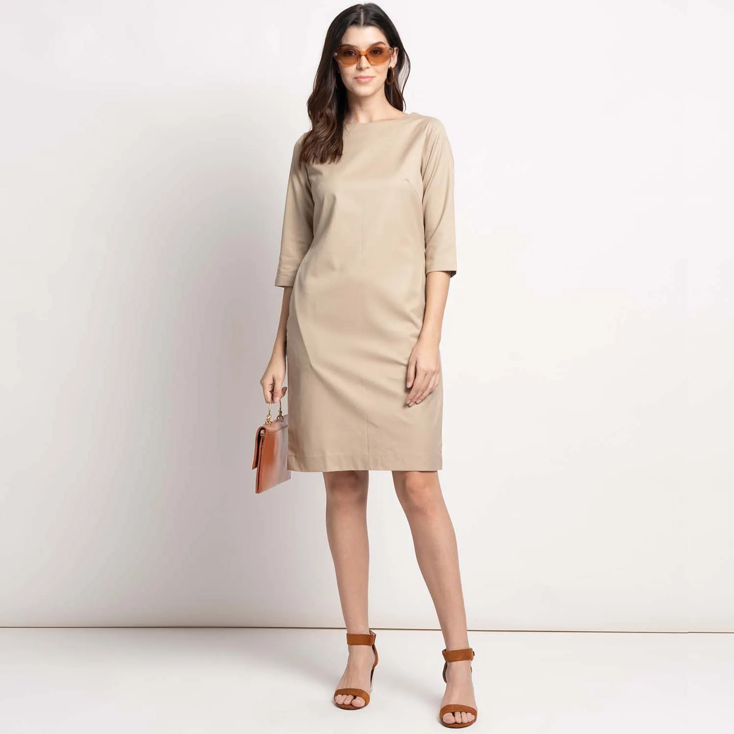 Tan Knee Length Cotton Sheath Dress