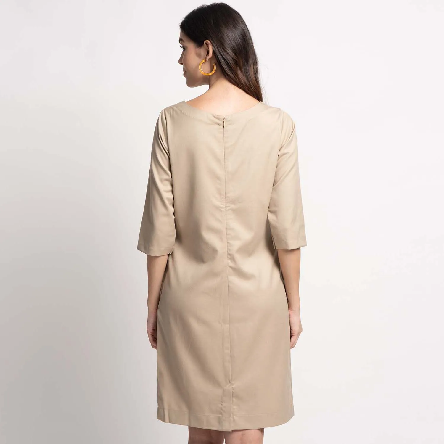 Tan Knee Length Cotton Sheath Dress