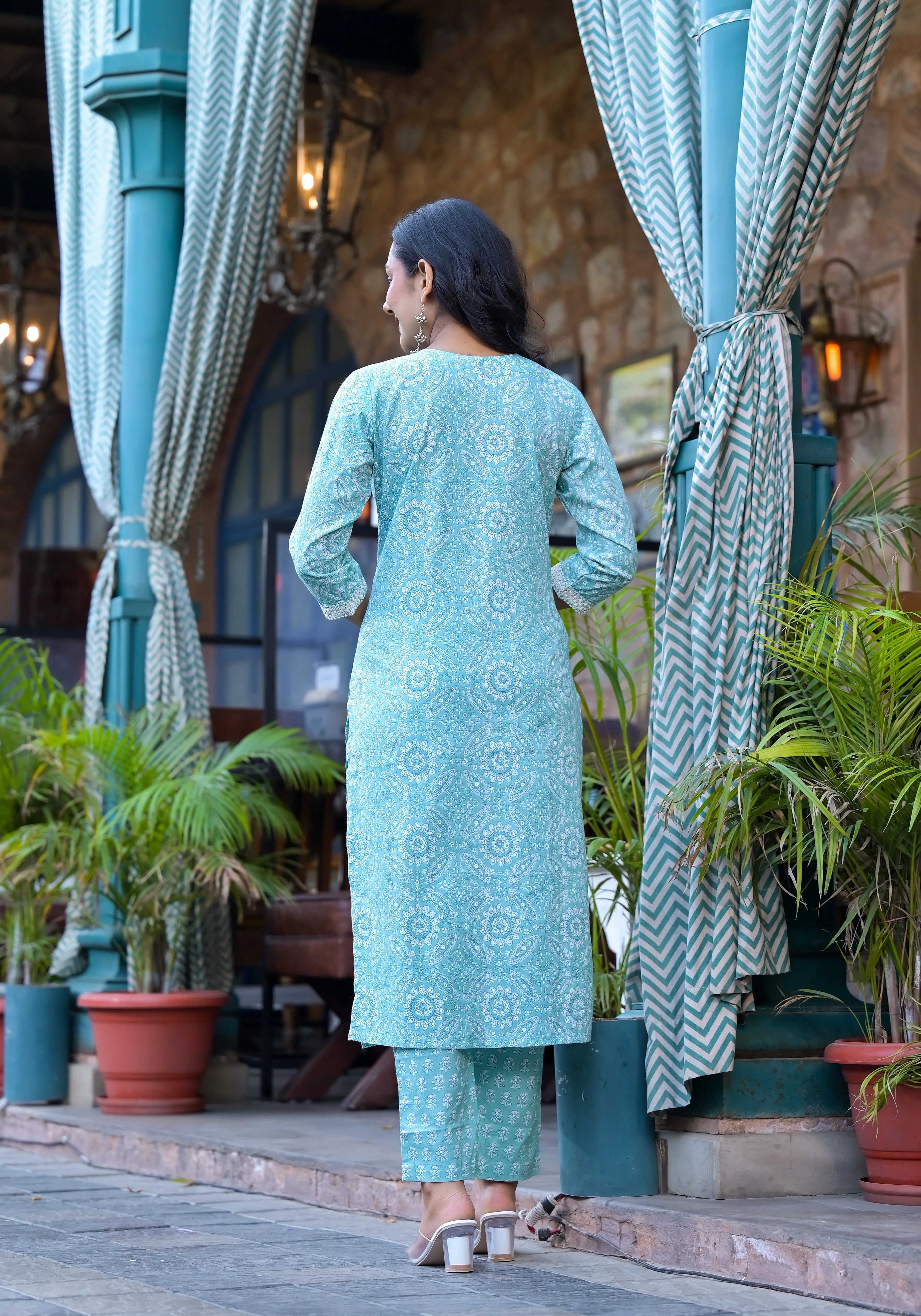 Teal Blue Floral Print Embroidered Cotton Suit Set