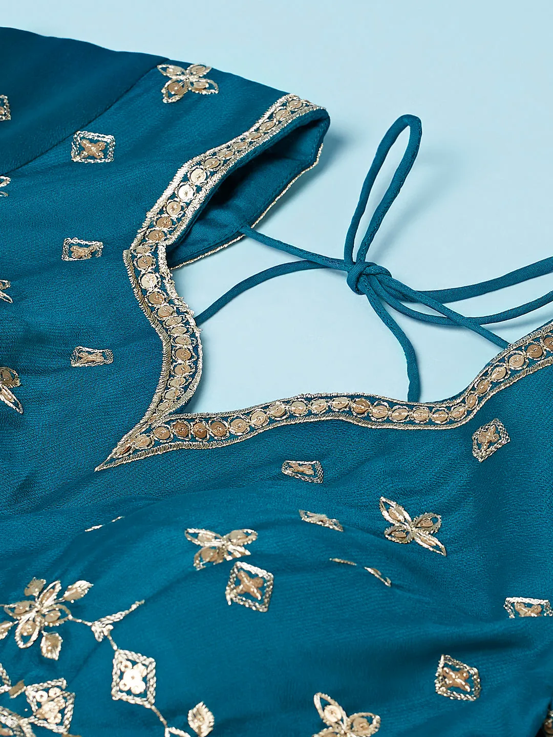 Teal - Pure Georgette Embroidered Semi-Stitched Lehenga