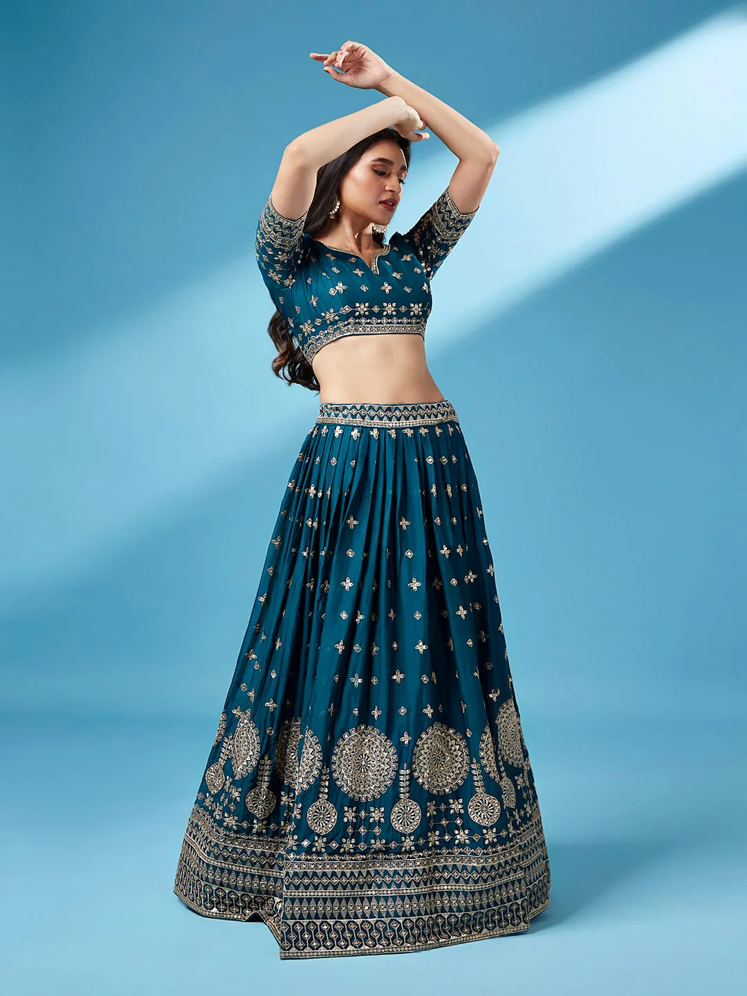 Teal - Pure Georgette Embroidered Semi-Stitched Lehenga