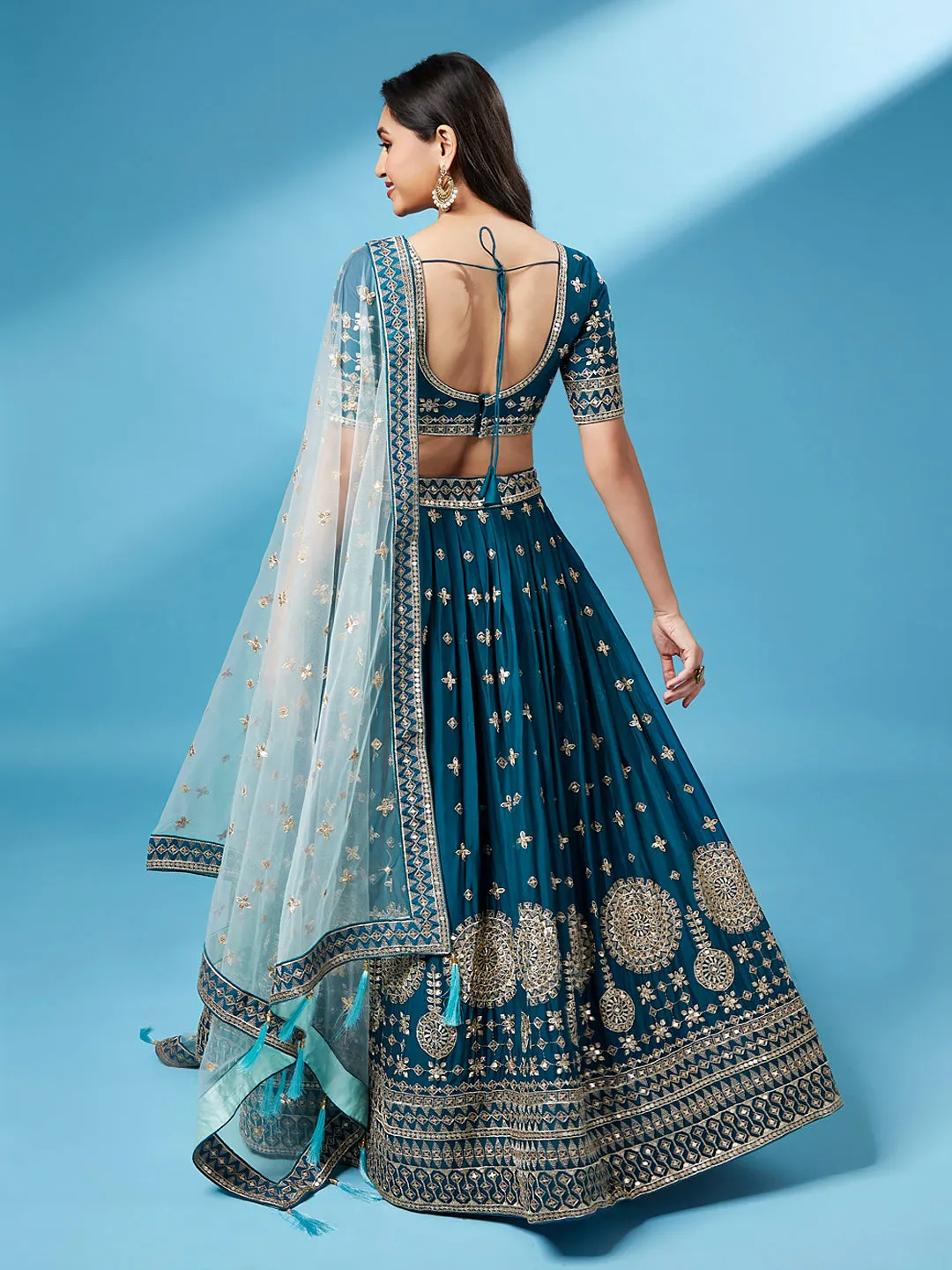 Teal - Pure Georgette Embroidered Semi-Stitched Lehenga