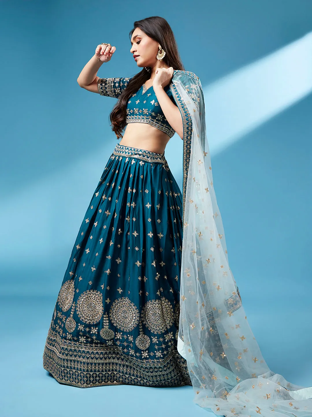 Teal - Pure Georgette Embroidered Semi-Stitched Lehenga