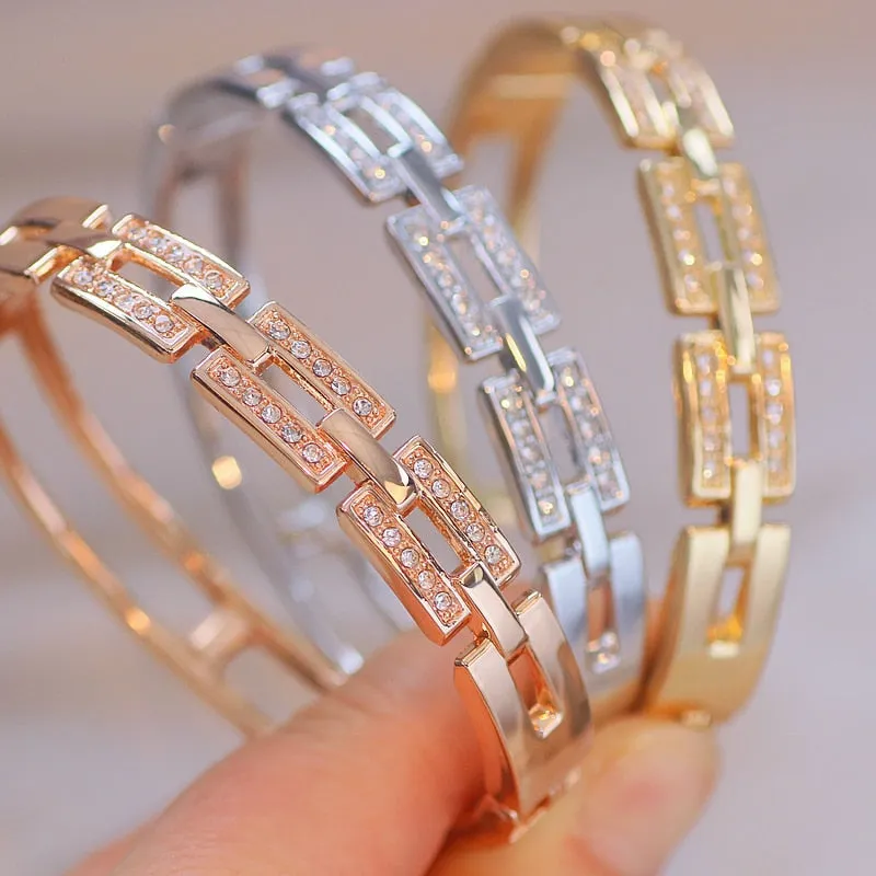 Trendy Jewelry Charm Cuff Bangle Bracelet for Women with Rhinestone in Rose Gold Color