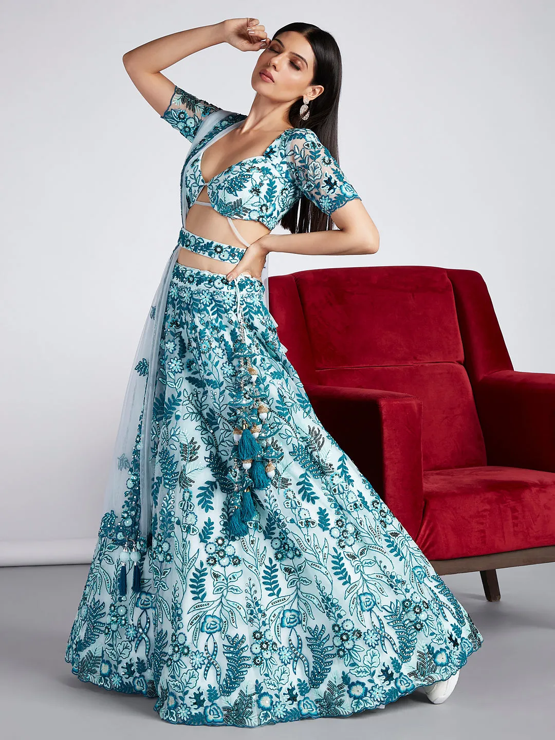 Turquoise blue Net Sequins, Mirror and thread embroidery Semi-Stitched Lehenga choli & Dupatta