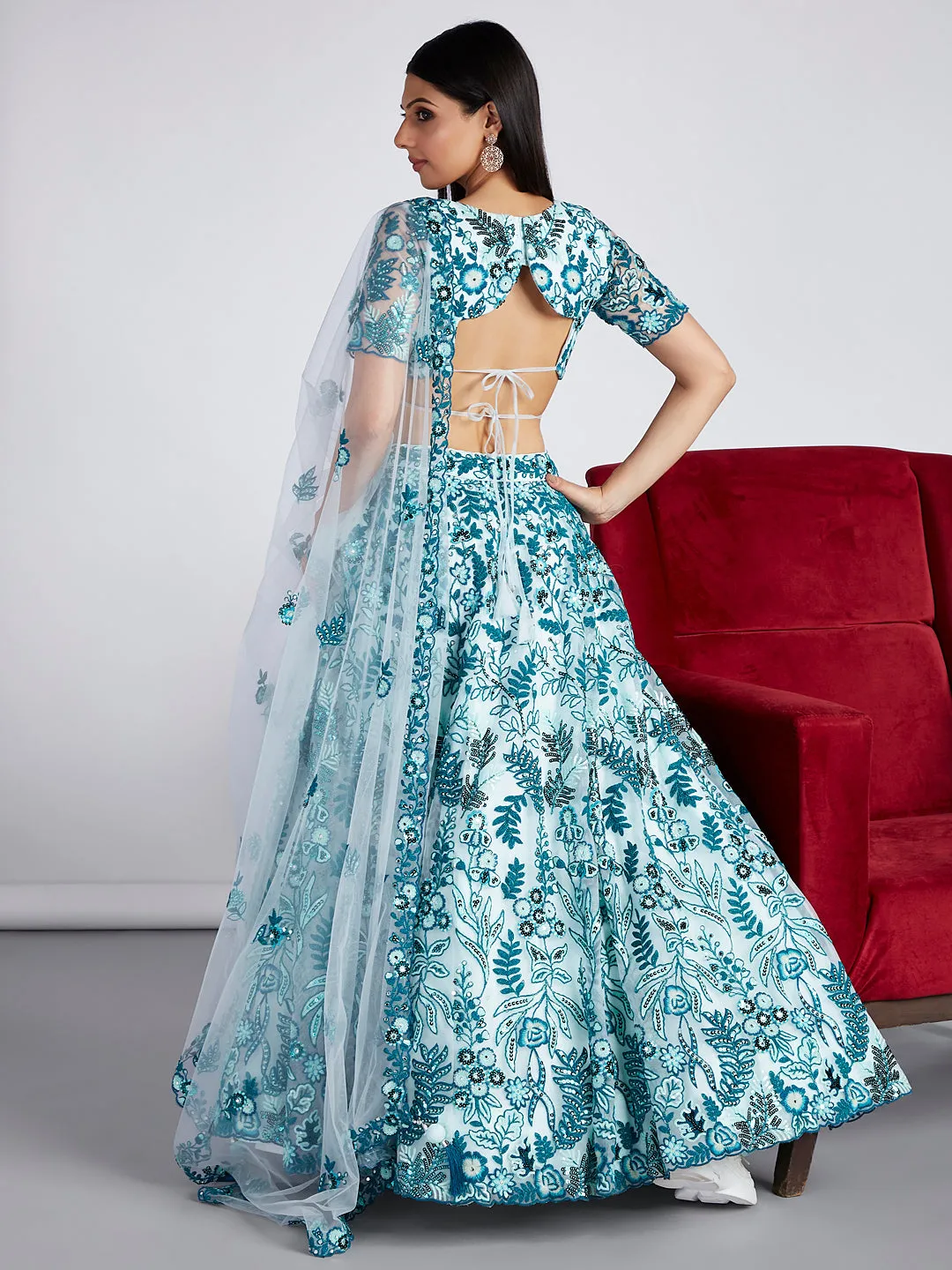 Turquoise blue Net Sequins, Mirror and thread embroidery Semi-Stitched Lehenga choli & Dupatta