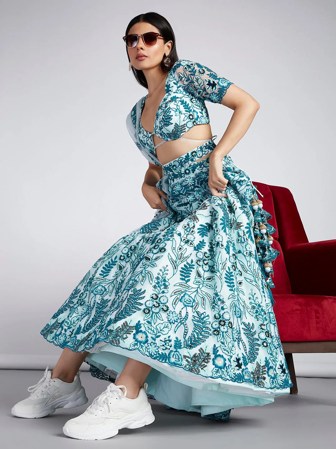 Turquoise blue Net Sequins, Mirror and thread embroidery Semi-Stitched Lehenga choli & Dupatta