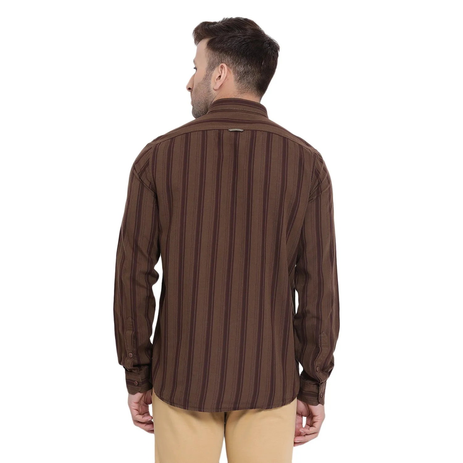 Turtle Men Brown Cotton Striped Slim Fit Shirts