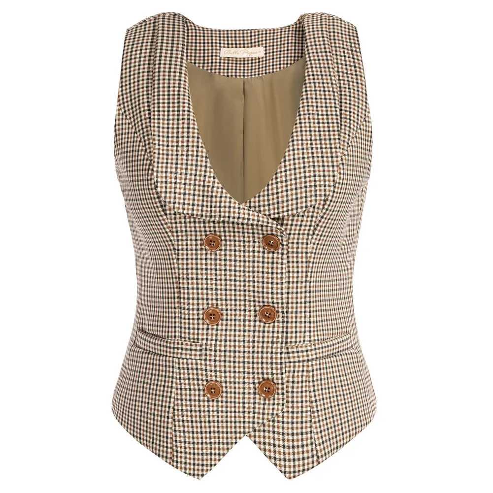 Vintage Fans Look of  Plaid Double Breasted Vest Deep V-Neck Handkerchief Hem Vest Coat