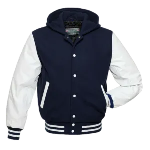 Warrior Gears Classic Varsity Jacket with Hood University Letterman Bomber Jacket- Navy Blue Pure Wool Body & White Real Leather Sleeves