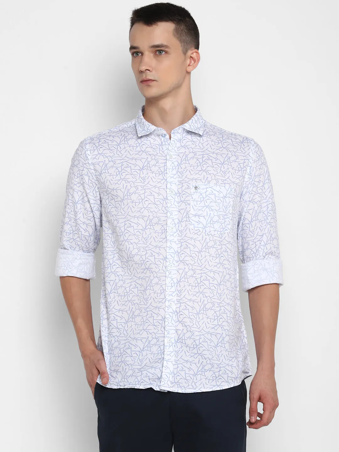 White Cotton Printed Slim Fit Shirt