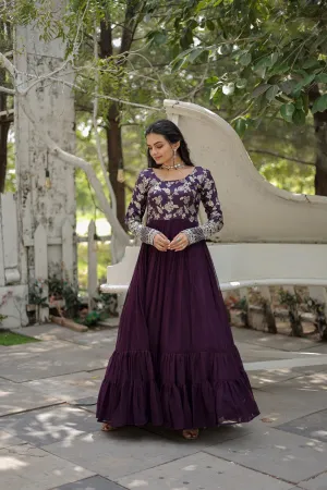 Wine Color Embroidery Work Long Gown