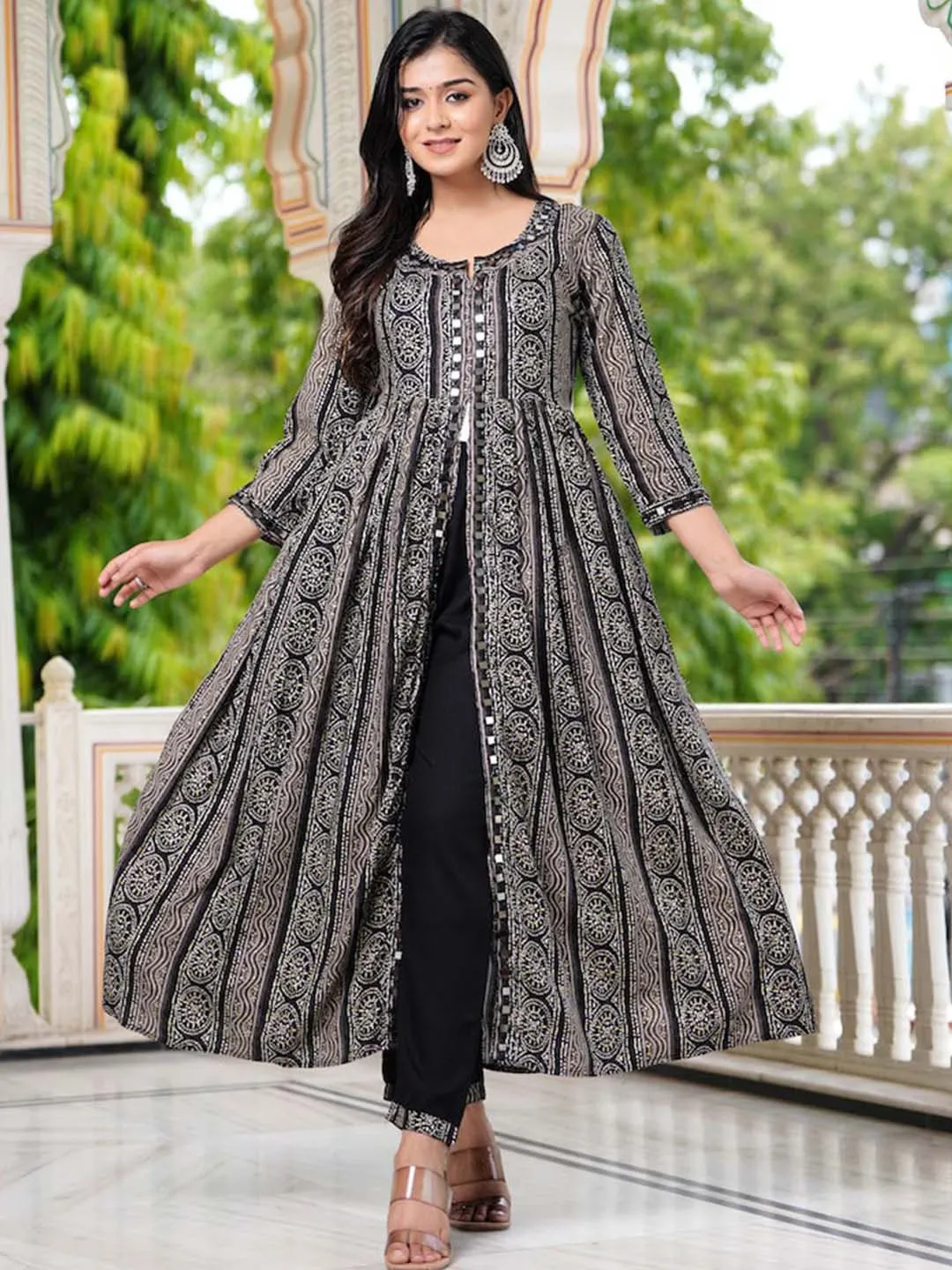 Women Floral Printed Mirror Work Anarkali Kurta