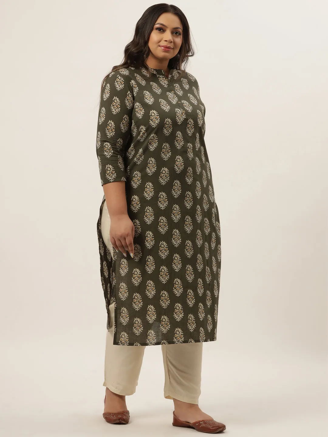 Women Olive Green & Off White Ethnic Motifs Printed Pure Cotton Kurta With Palazzos