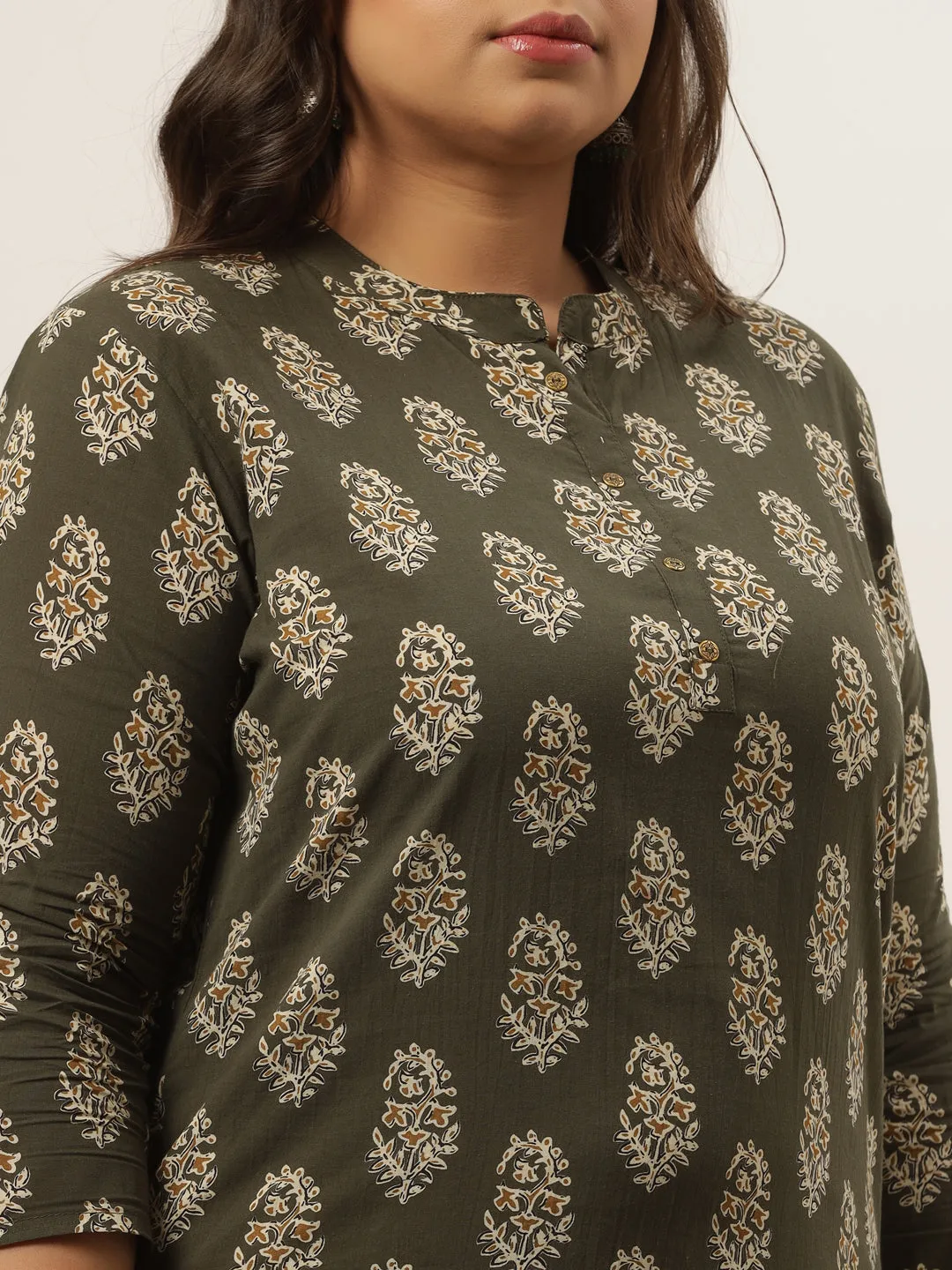 Women Olive Green & Off White Ethnic Motifs Printed Pure Cotton Kurta With Palazzos