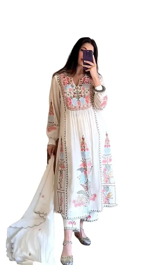 Women's Readymade Faux Georgette Embroidered White Kurta Set with Dupatta |Salwar Suit For Women |Women Kurti (M)