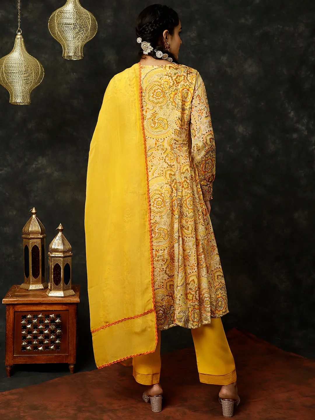 Yellow Floral Printed Mirror Work Anarkali Kurta With Pants And Dupatta