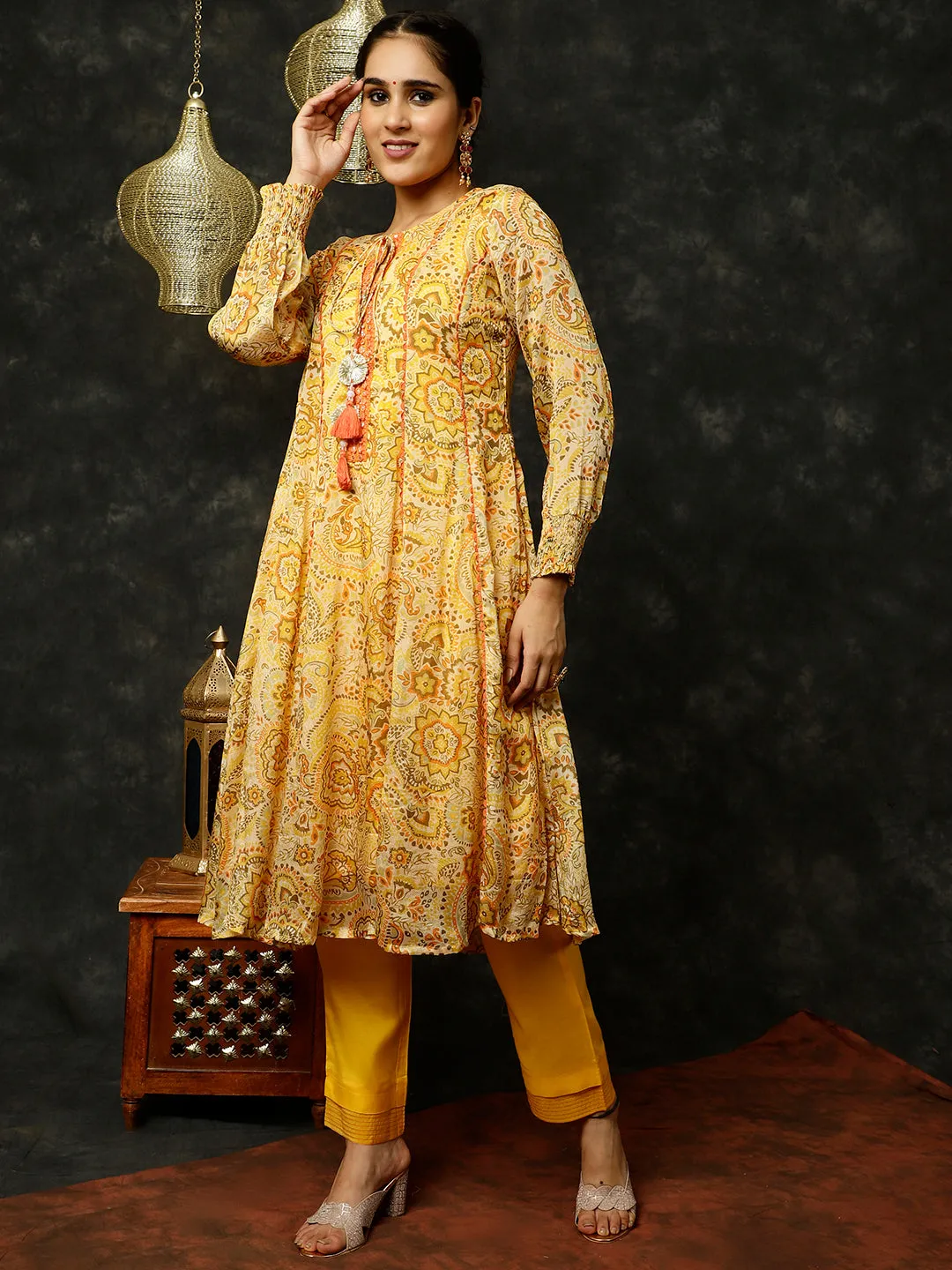 Yellow Floral Printed Mirror Work Anarkali Kurta With Pants And Dupatta